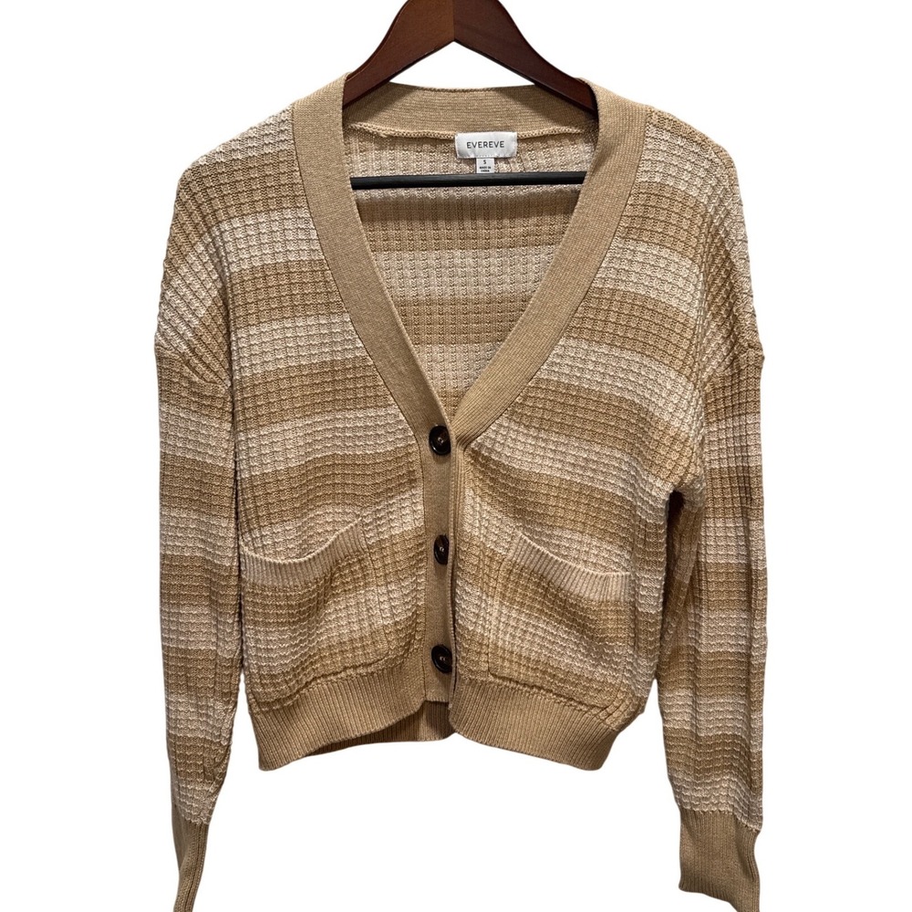 Evereve Striped Waffle Knit Cardigan Tan Beige‎ Cotton Modal V-Neck Small